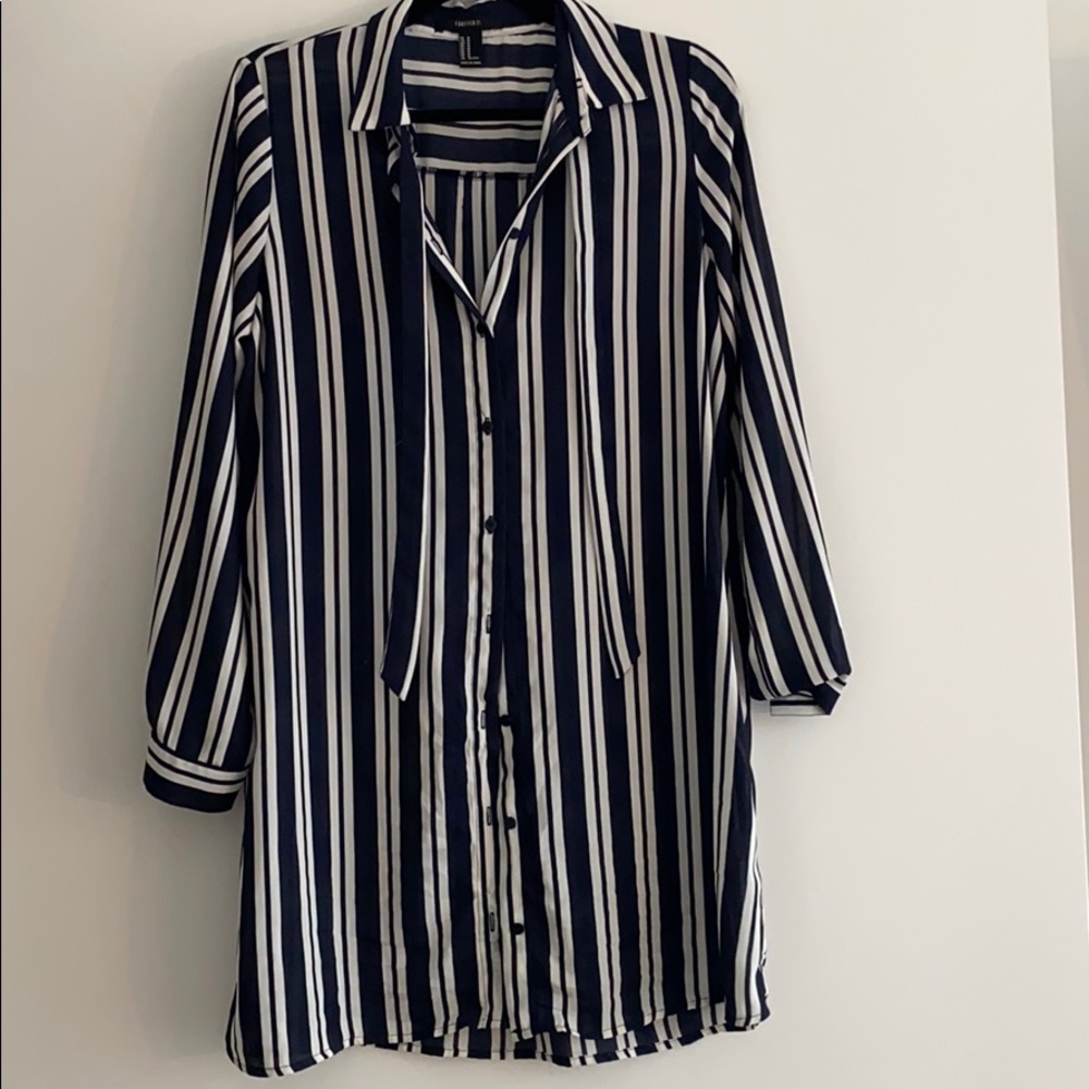 Navy striped button down dress